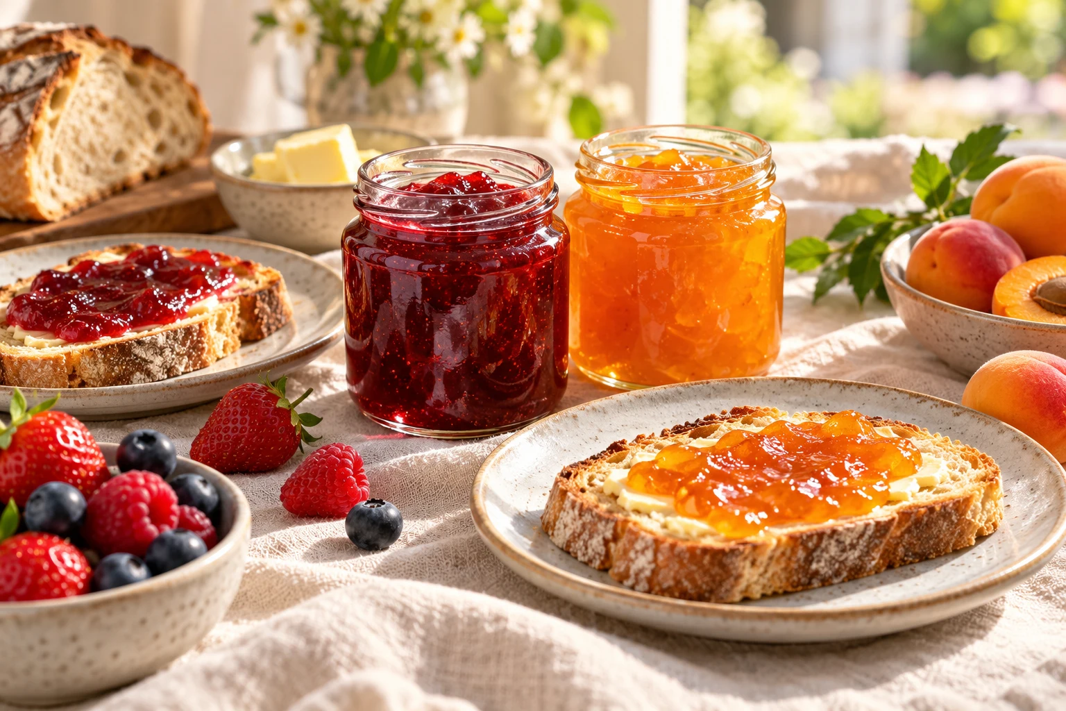 Fruit preserves and toast at a bright breakfast table